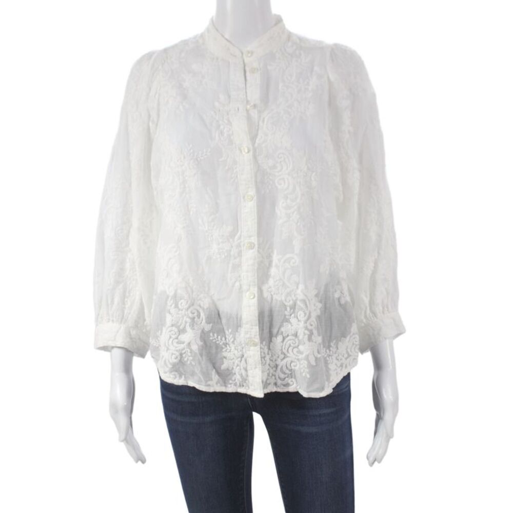 Pilcro Anthropologie Women White Floral High Neck 3/4 Sleeve Blouse Size XS